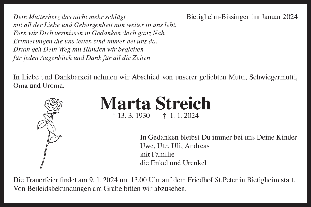  Traueranzeige für Marta Streich vom 08.01.2024 aus Bietigheimer Zeitung