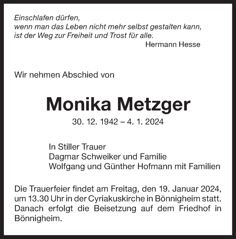  Traueranzeige für Monika Metzger vom 08.01.2024 aus Bietigheimer Zeitung