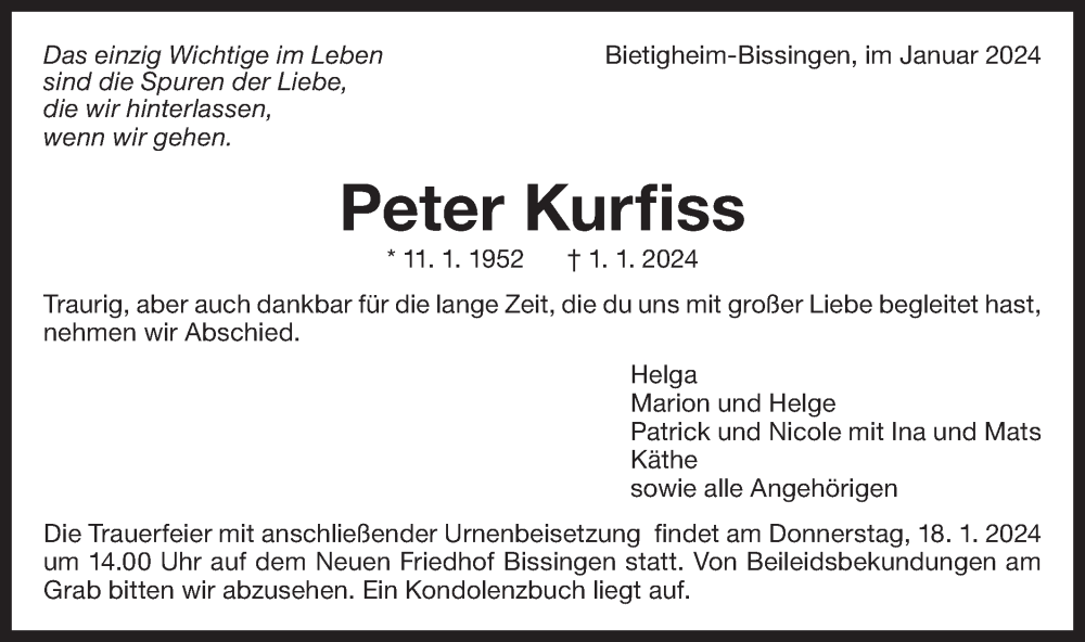  Traueranzeige für Peter Kurfiss vom 15.01.2024 aus Bietigheimer Zeitung