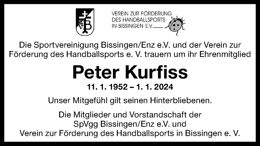 Traueranzeige für Peter Kurfiss vom 16.01.2024 aus Bietigheimer Zeitung