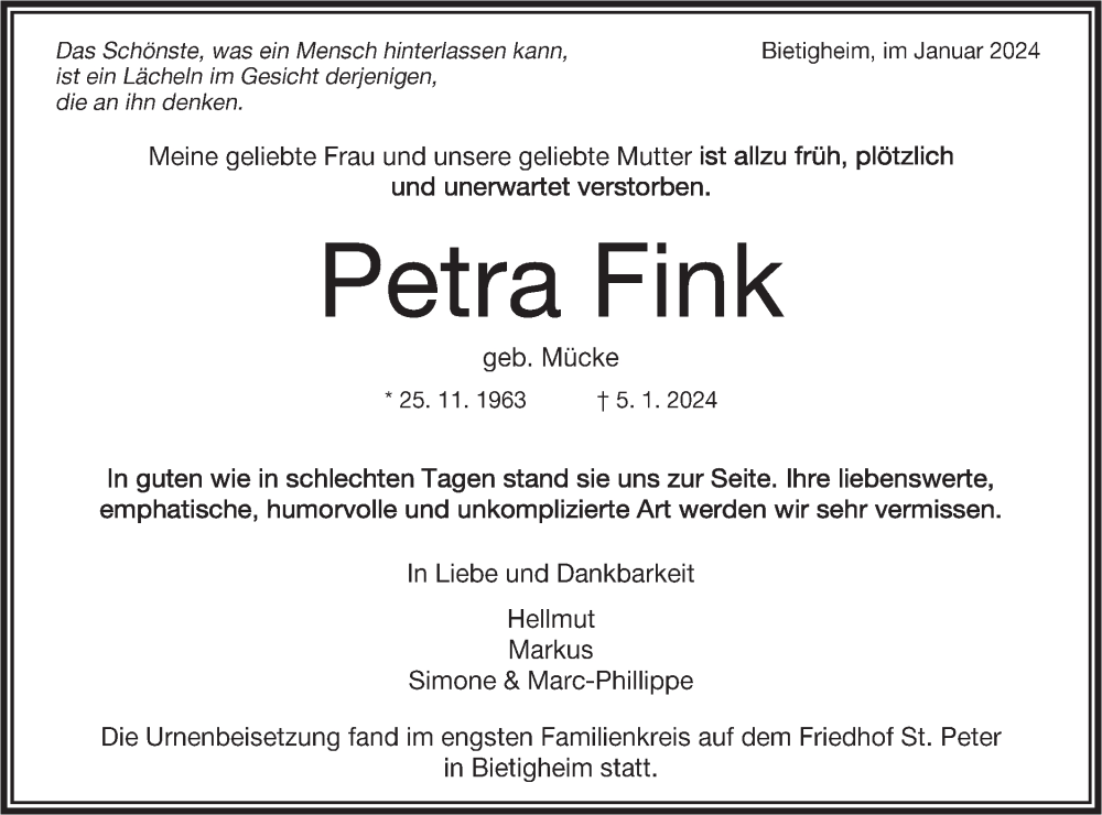  Traueranzeige für Petra Fink vom 25.01.2024 aus Bietigheimer Zeitung