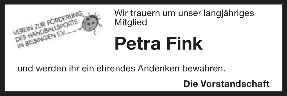  Traueranzeige für Petra Fink vom 26.01.2024 aus Bietigheimer Zeitung