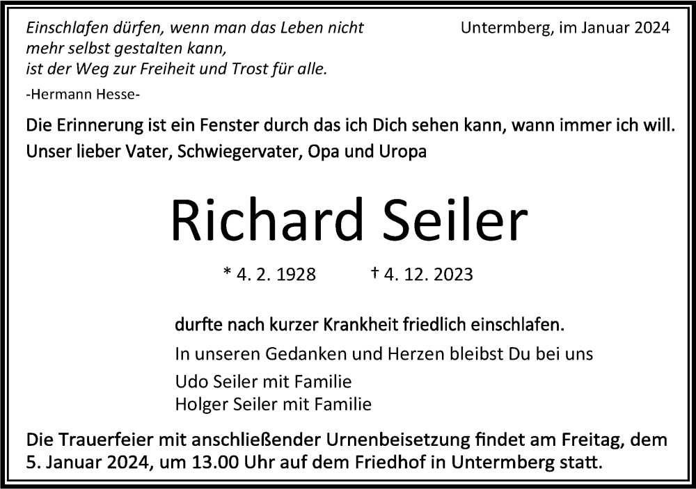  Traueranzeige für Richard Seiler vom 02.01.2024 aus Bietigheimer Zeitung