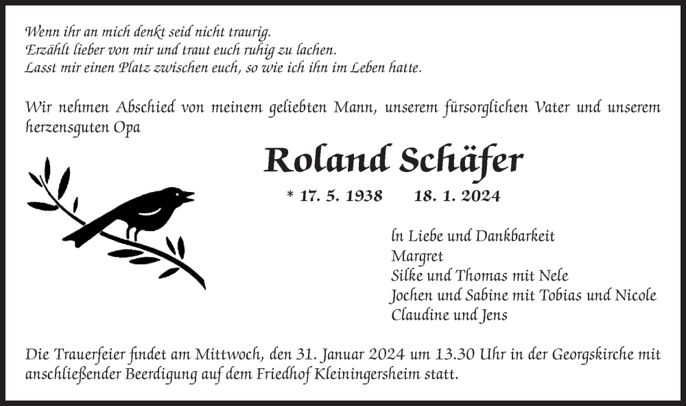  Traueranzeige für Roland Schäfer vom 27.01.2024 aus Bietigheimer Zeitung