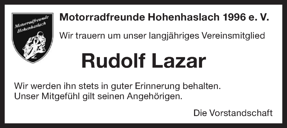  Traueranzeige für Rudolf Lazar vom 01.02.2024 aus Bietigheimer Zeitung