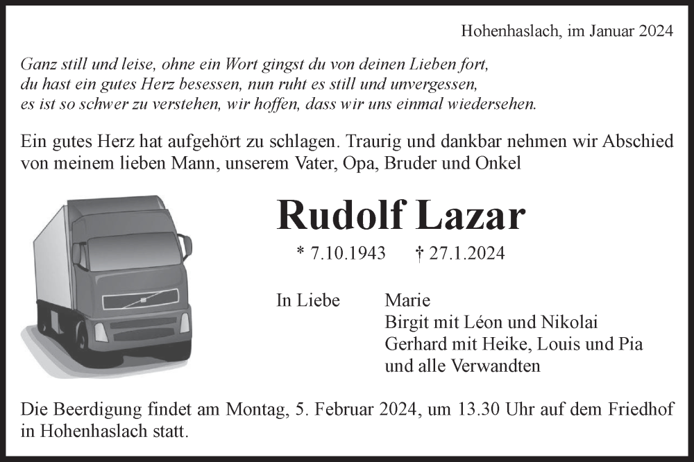  Traueranzeige für Rudolf Lazar vom 31.01.2024 aus Bietigheimer Zeitung