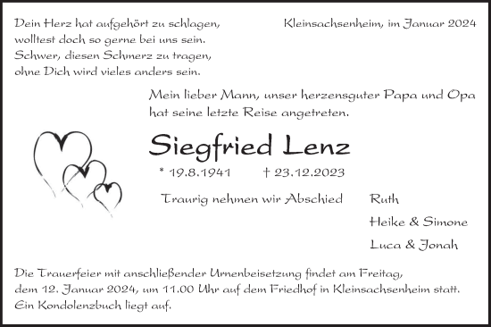 Traueranzeige von Siegfried Lenz von Bietigheimer Zeitung