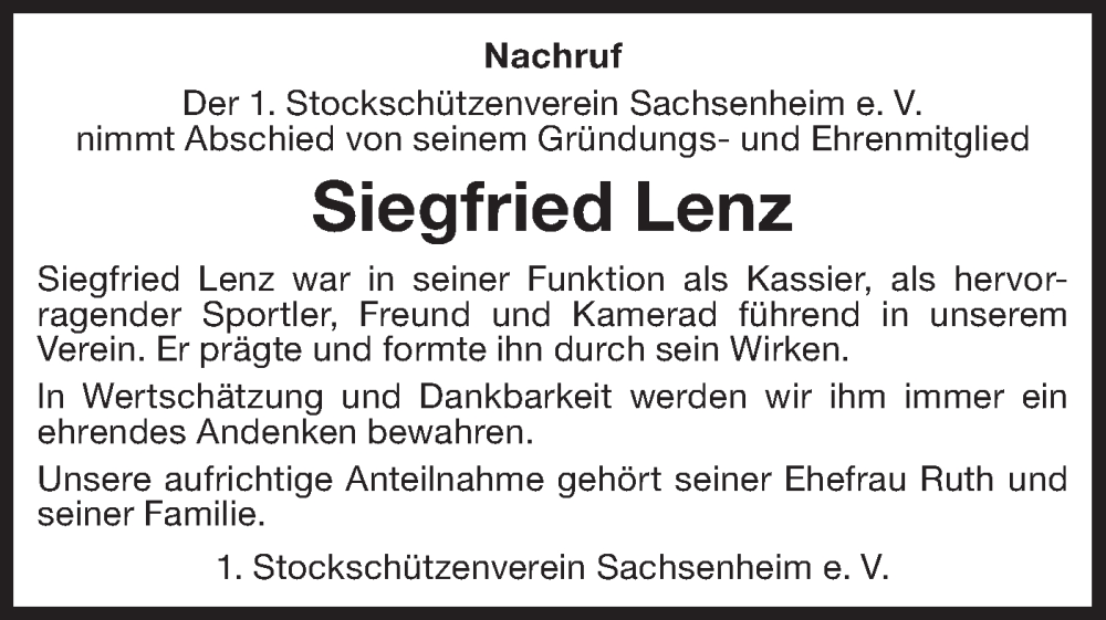  Traueranzeige für Siegfried Lenz vom 09.01.2024 aus Bietigheimer Zeitung