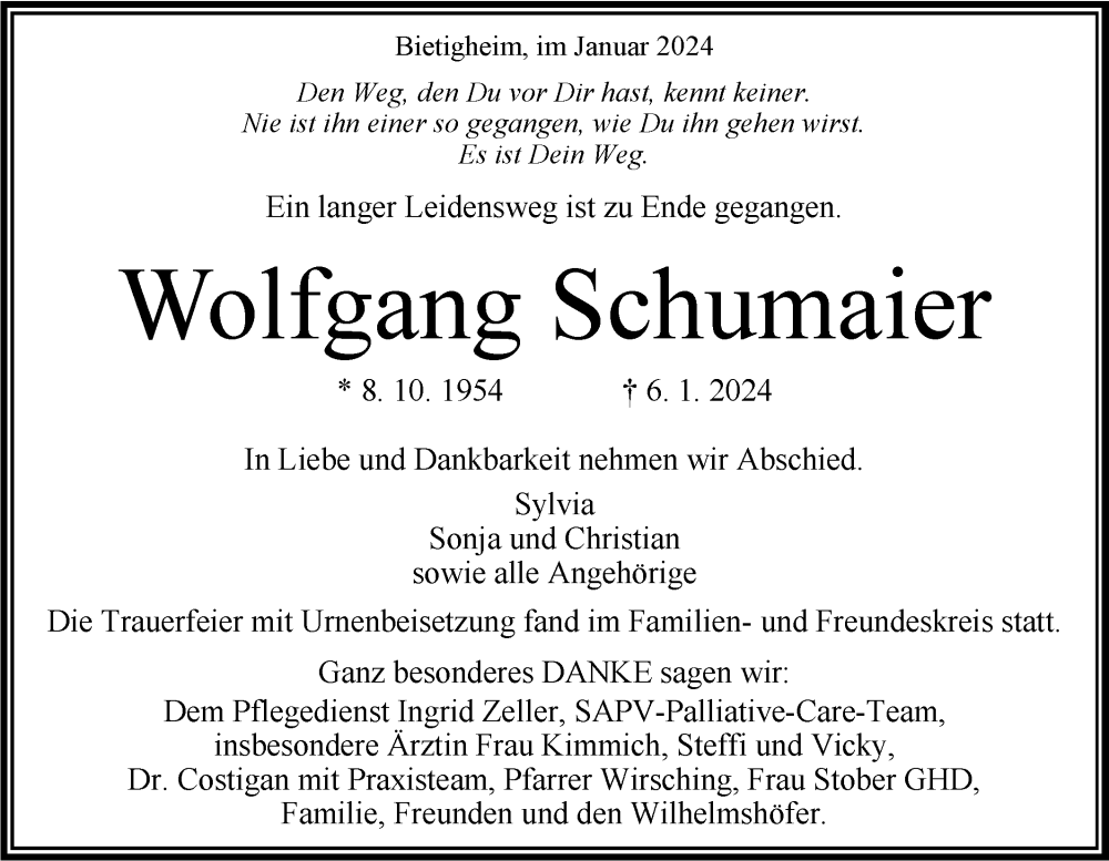 Traueranzeige für Wolfgang Schumaier vom 19.01.2024 aus Bietigheimer Zeitung