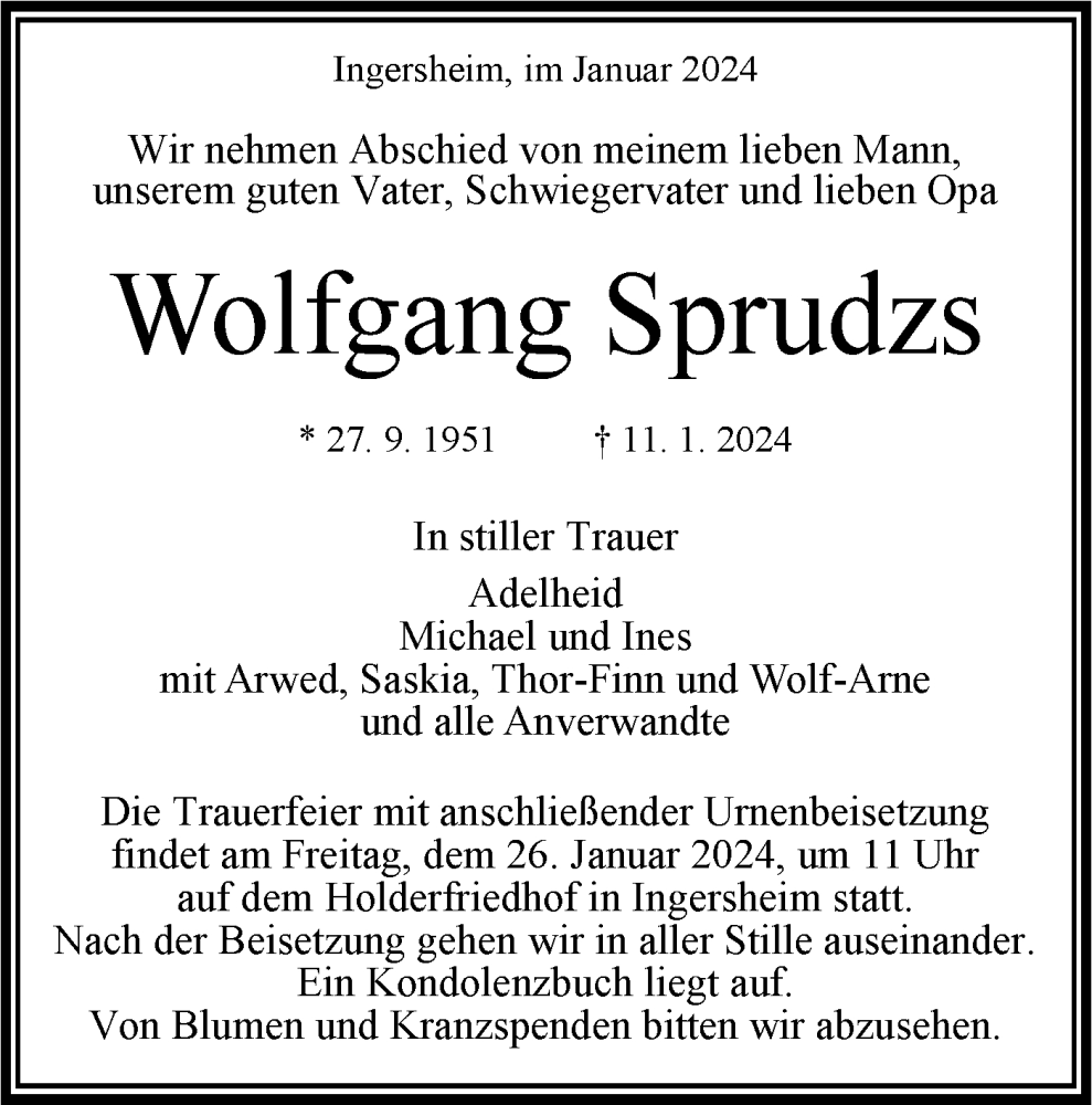  Traueranzeige für Wolfgang Sprudzs vom 24.01.2024 aus Bietigheimer Zeitung