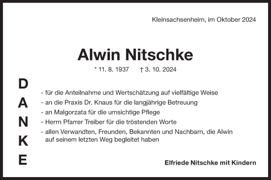 Traueranzeige von Alwin Nitschke von Bietigheimer Zeitung