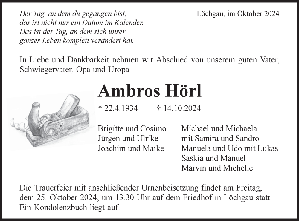  Traueranzeige für Ambros Hörl vom 21.10.2024 aus Bietigheimer Zeitung