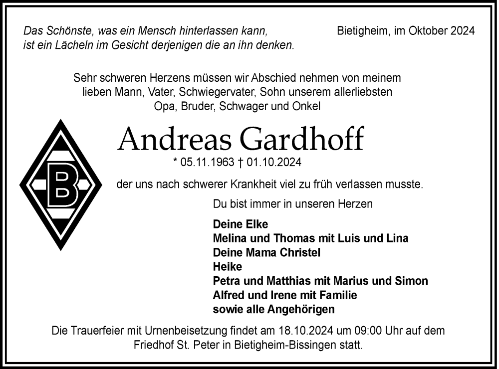  Traueranzeige für Andreas Gardhoff vom 15.10.2024 aus Bietigheimer Zeitung