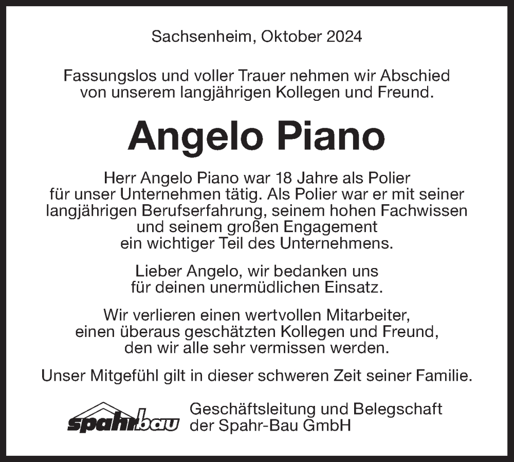  Traueranzeige für Angelo Piano vom 23.10.2024 aus Bietigheimer Zeitung