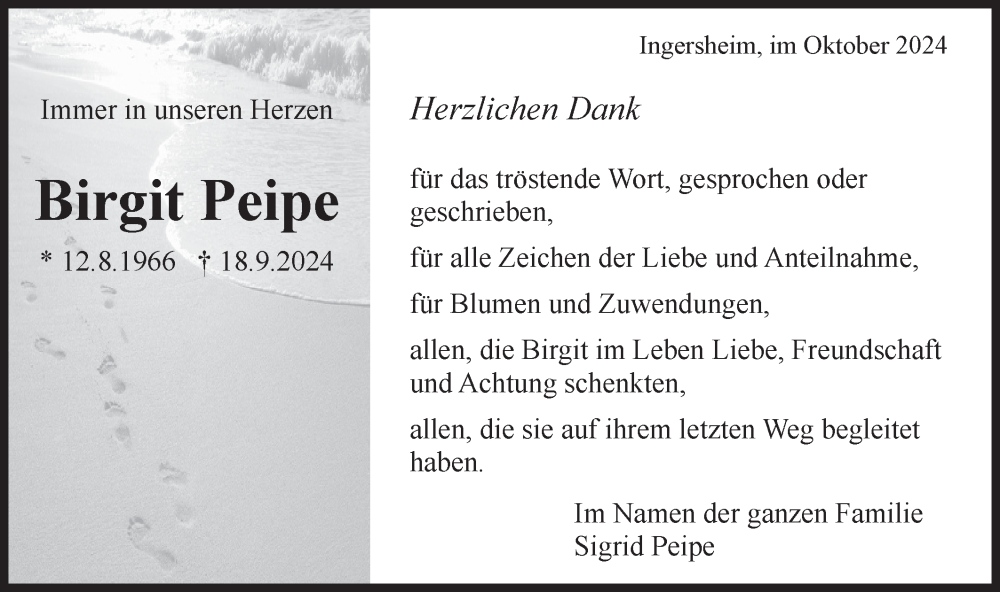  Traueranzeige für Birgit Peipe vom 19.10.2024 aus Bietigheimer Zeitung