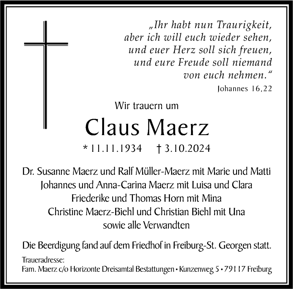  Traueranzeige für Claus Maerz vom 31.10.2024 aus Bietigheimer Zeitung