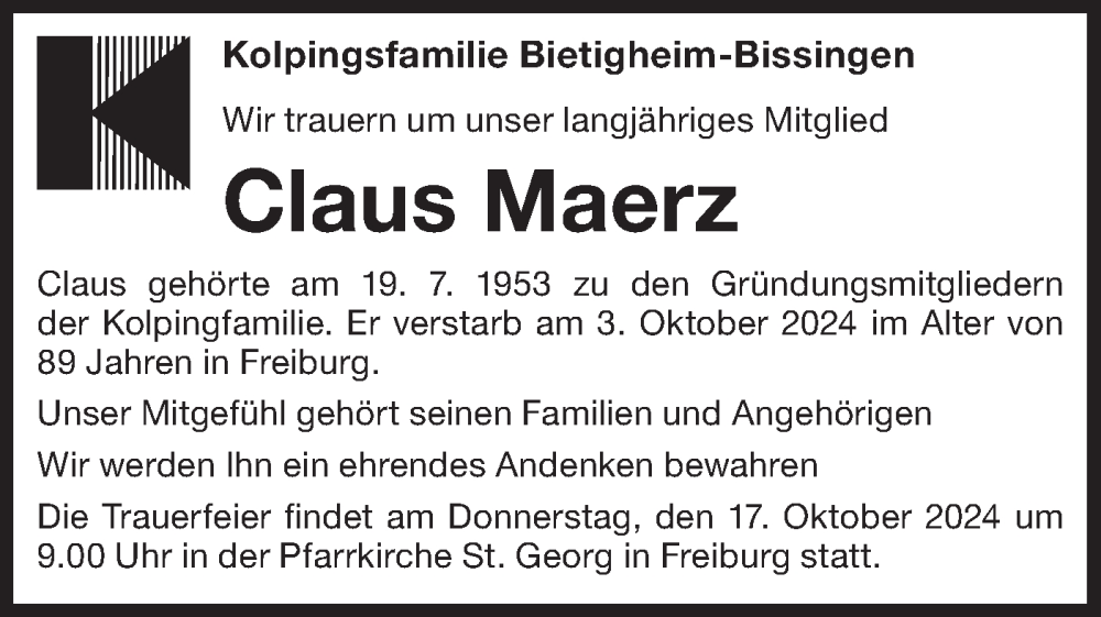  Traueranzeige für Claus Maerz vom 14.10.2024 aus Bietigheimer Zeitung