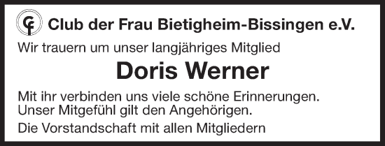 Traueranzeige von Doris Werner von Bietigheimer Zeitung