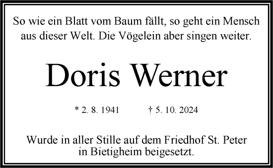 Traueranzeige von Doris Werner von Bietigheimer Zeitung