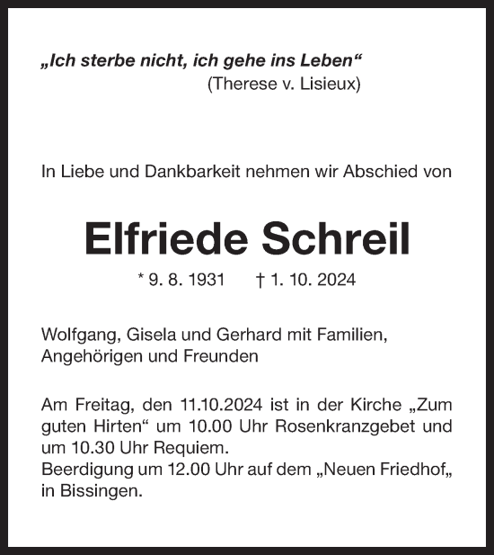 Traueranzeige von Elfriede Schreil von Bietigheimer Zeitung