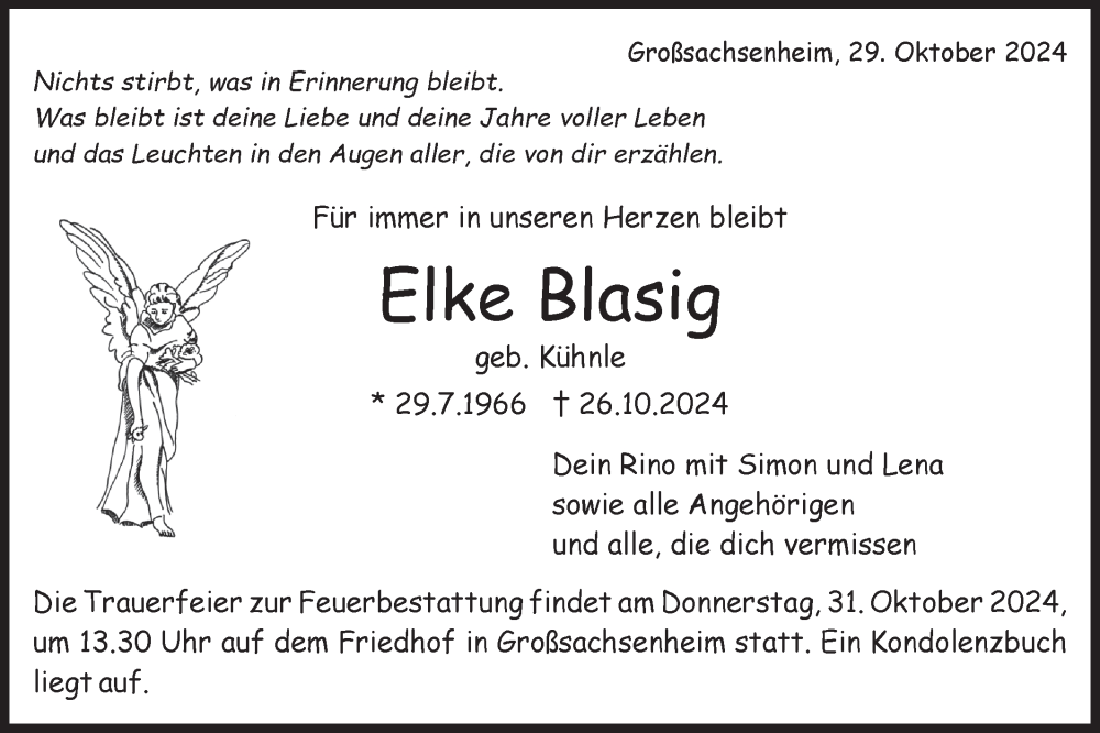 Traueranzeige für Elke Blasig vom 29.10.2024 aus Bietigheimer Zeitung