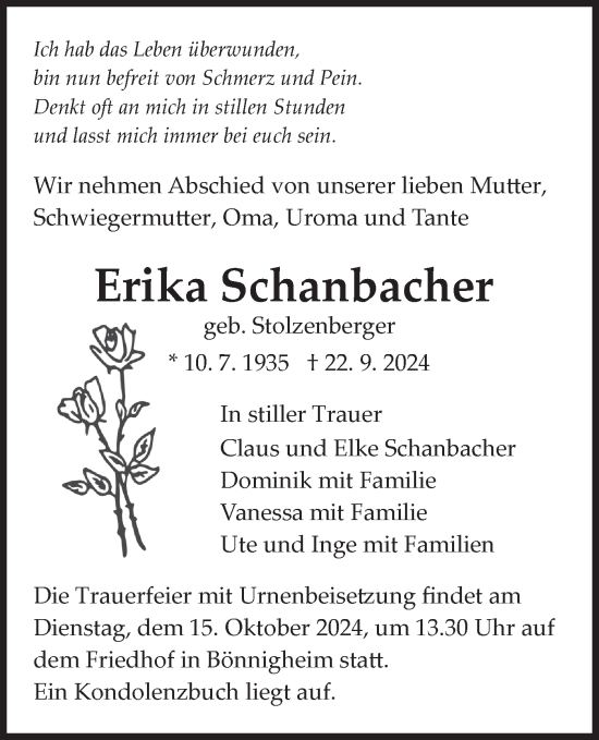 Traueranzeige von Erika Schanbacher von Bietigheimer Zeitung