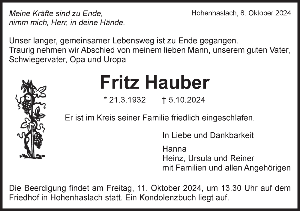  Traueranzeige für Fritz Hauber vom 08.10.2024 aus Bietigheimer Zeitung