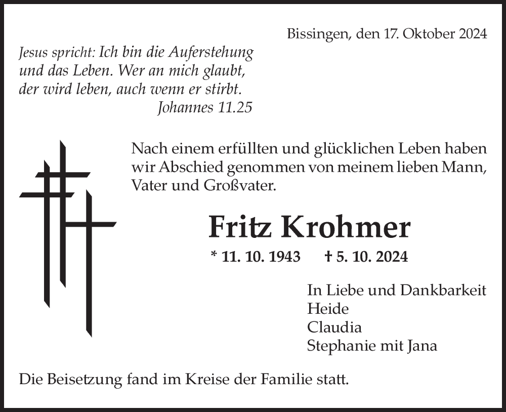  Traueranzeige für Fritz Krohmer vom 17.10.2024 aus Bietigheimer Zeitung