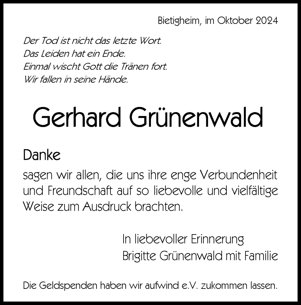  Traueranzeige für Gerhard Grünenwald vom 29.10.2024 aus Bietigheimer Zeitung