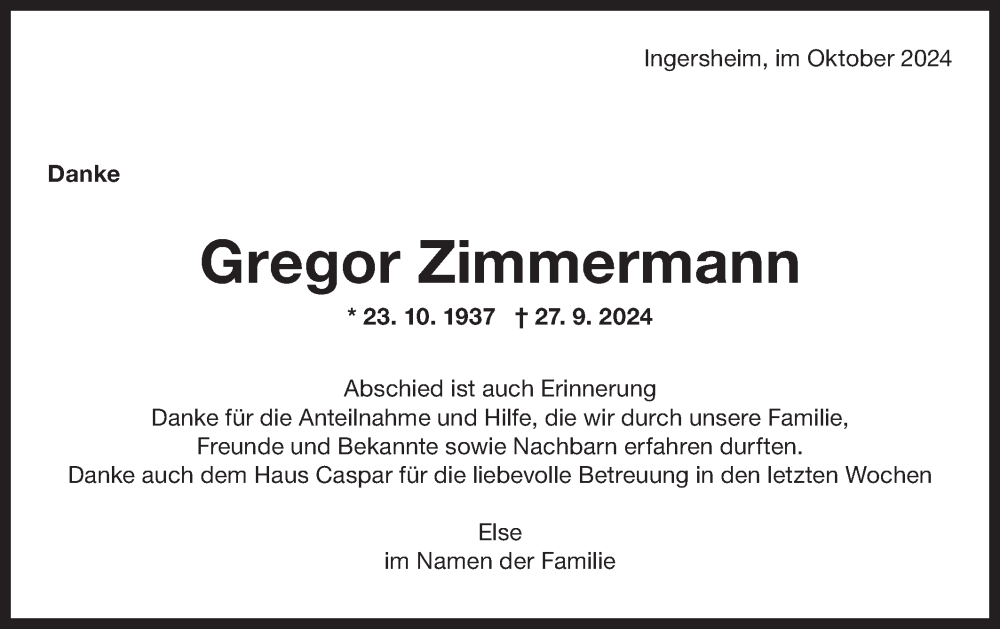  Traueranzeige für Gregor Zimmermann vom 26.10.2024 aus Bietigheimer Zeitung