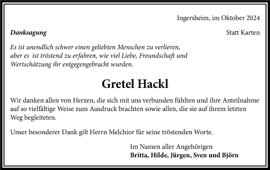 Traueranzeige von Gretel Hackl von Bietigheimer Zeitung