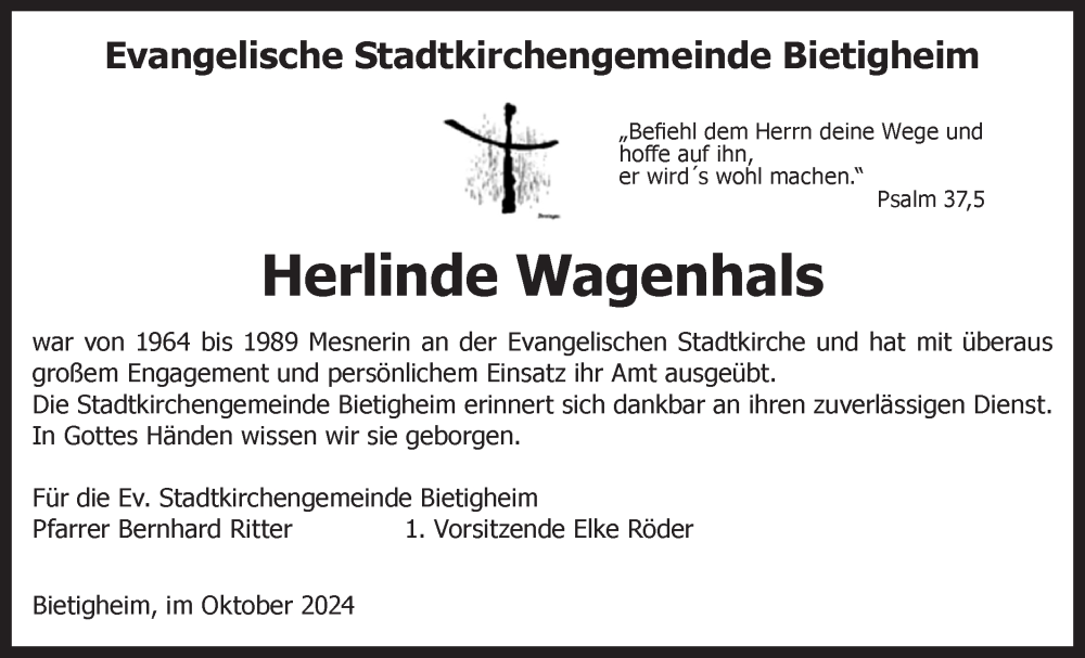  Traueranzeige für Herlinde Wagenhals vom 19.10.2024 aus Bietigheimer Zeitung