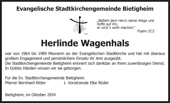 Traueranzeige von Herlinde Wagenhals von Bietigheimer Zeitung