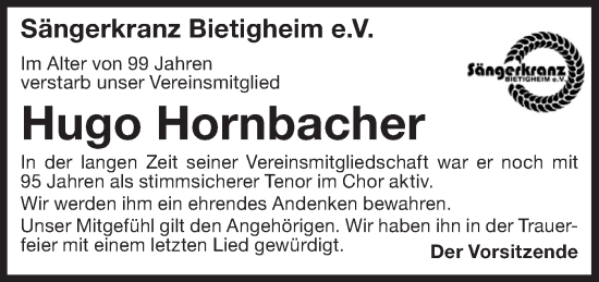 Traueranzeige von Hugo Hornbacher von Bietigheimer Zeitung