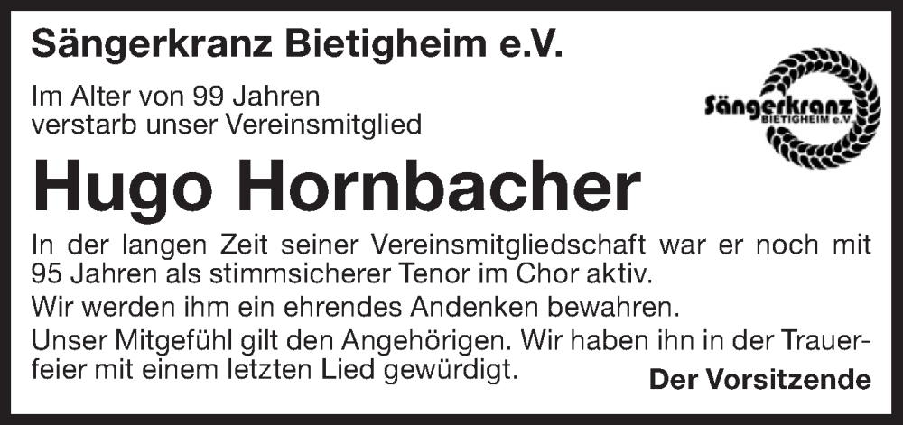  Traueranzeige für Hugo Hornbacher vom 19.10.2024 aus Bietigheimer Zeitung