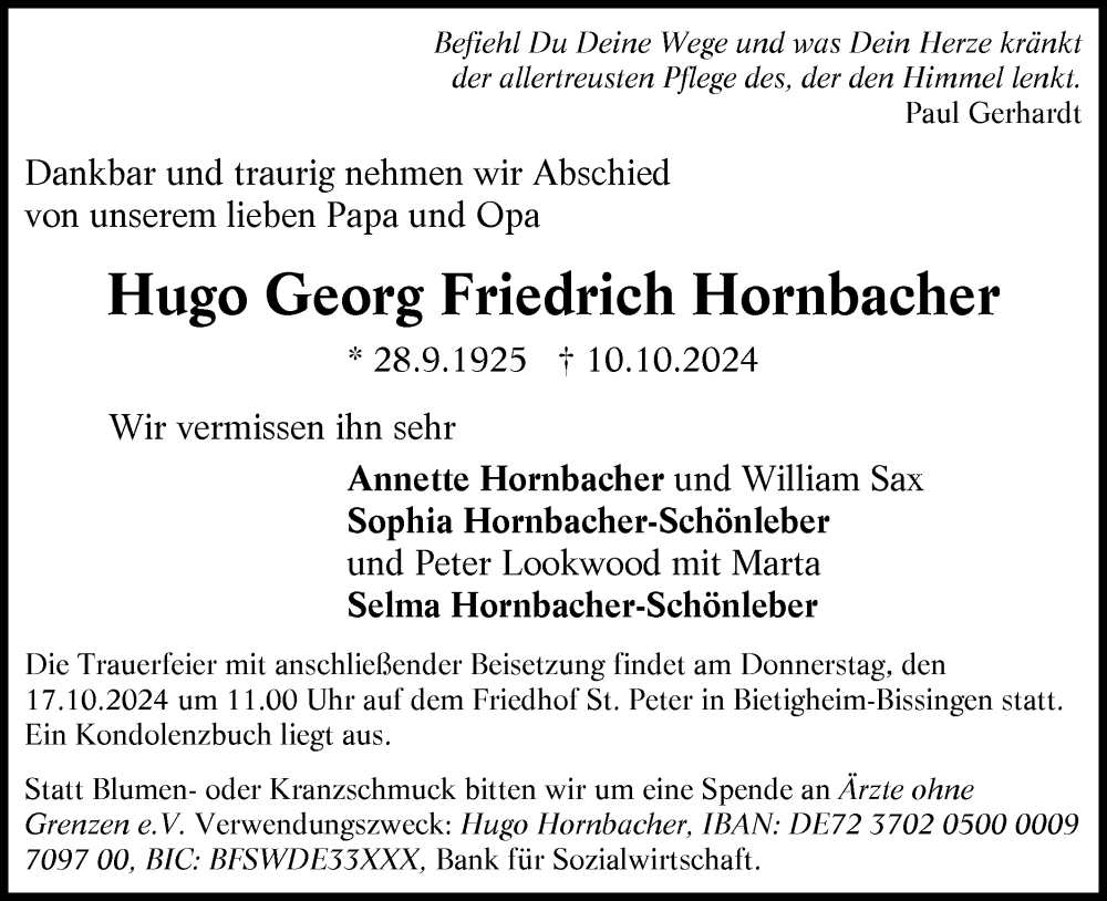  Traueranzeige für Hugo Georg Friedrich Hornbacher vom 15.10.2024 aus Bietigheimer Zeitung