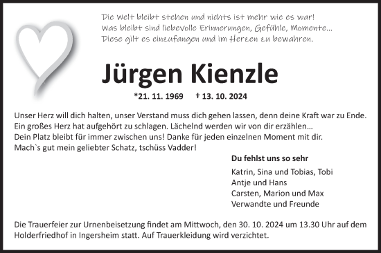 Traueranzeige von Jürgen Kienzle von Bietigheimer Zeitung