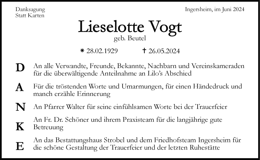  Traueranzeige für Lieselotte Vogt vom 24.06.2024 aus Bietigheimer Zeitung