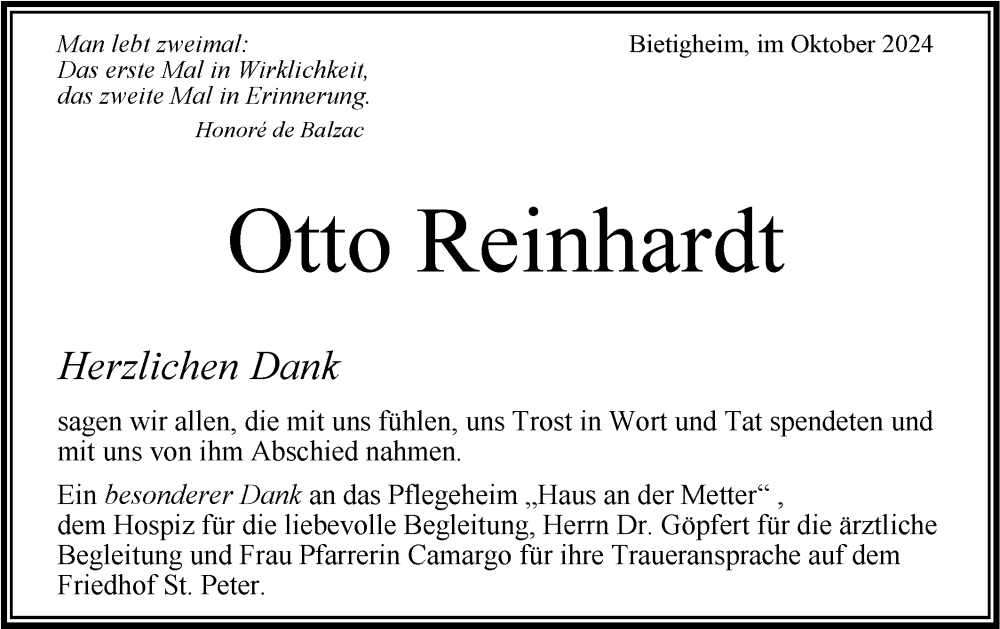  Traueranzeige für Otto Reinhardt vom 15.10.2024 aus Bietigheimer Zeitung