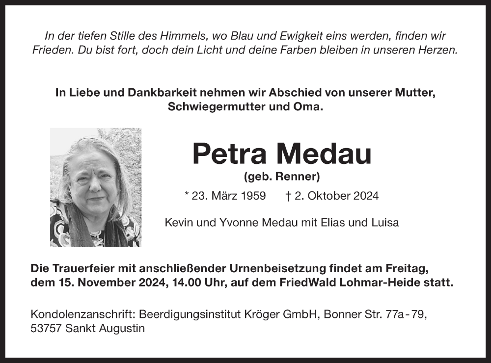  Traueranzeige für Petra Medau vom 19.10.2024 aus Bietigheimer Zeitung