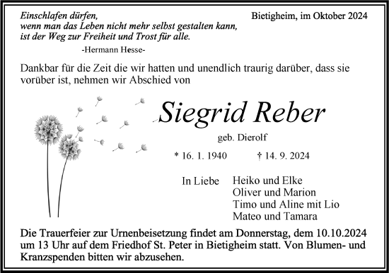 Traueranzeige von Siegrid Reber von Bietigheimer Zeitung