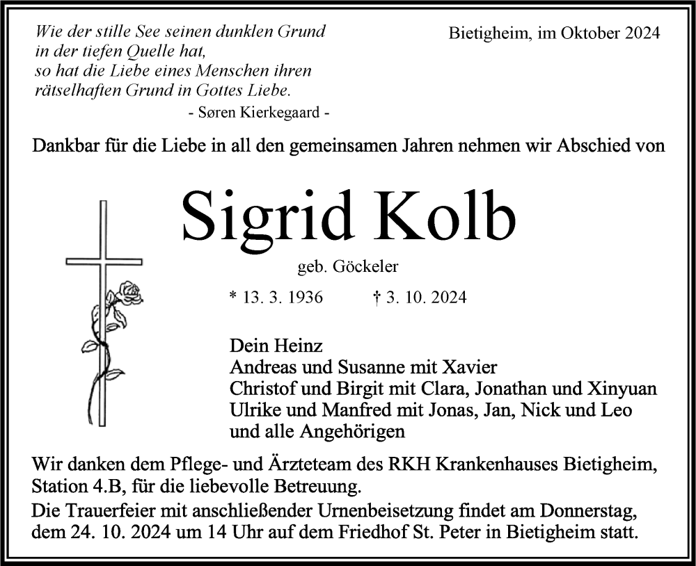  Traueranzeige für Sigrid Kolb vom 18.10.2024 aus Bietigheimer Zeitung