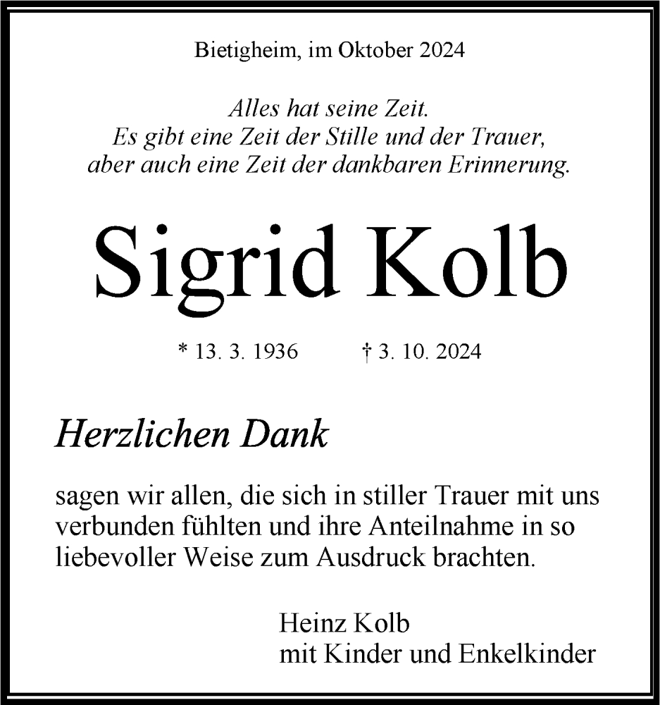  Traueranzeige für Sigrid Kolb vom 31.10.2024 aus Bietigheimer Zeitung