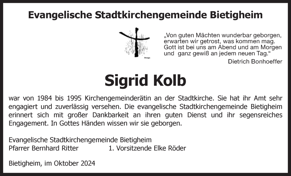 Traueranzeige für Sigrid Kolb vom 19.10.2024 aus Bietigheimer Zeitung