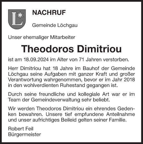 Traueranzeige von Theodoros Dimitriou von Bietigheimer Zeitung