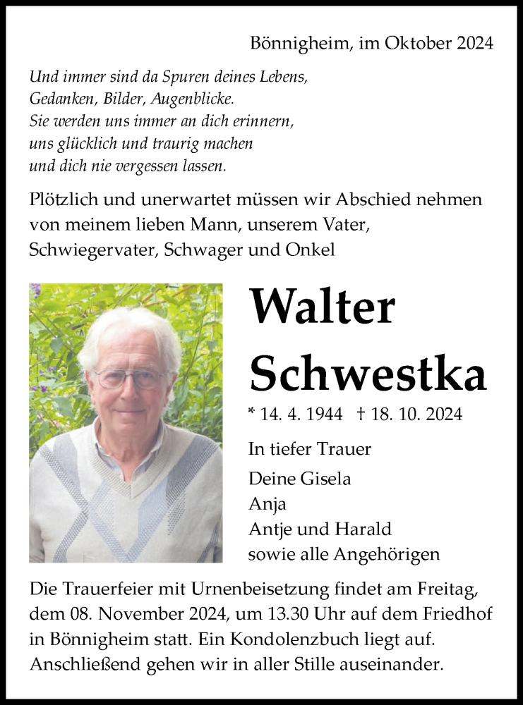  Traueranzeige für Walter Schwestka vom 31.10.2024 aus Bietigheimer Zeitung