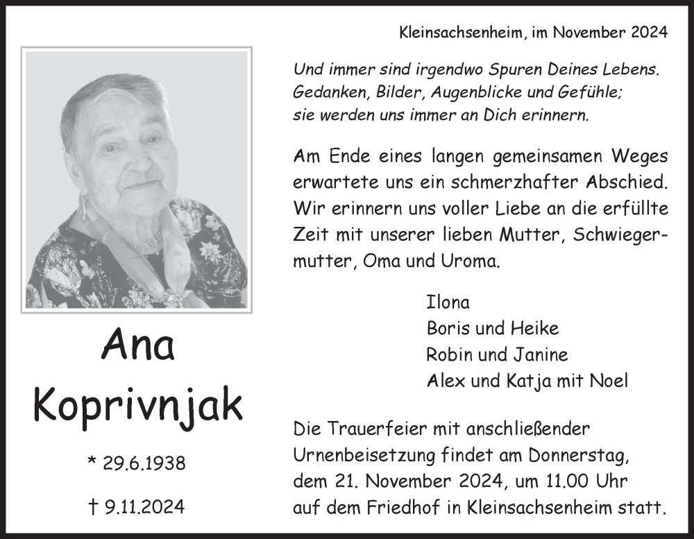  Traueranzeige für Ana Koprivnjak vom 16.11.2024 aus Bietigheimer Zeitung