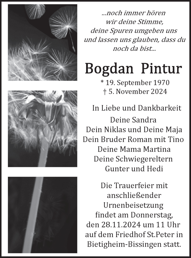  Traueranzeige für Bogdan Pintur vom 23.11.2024 aus Bietigheimer Zeitung