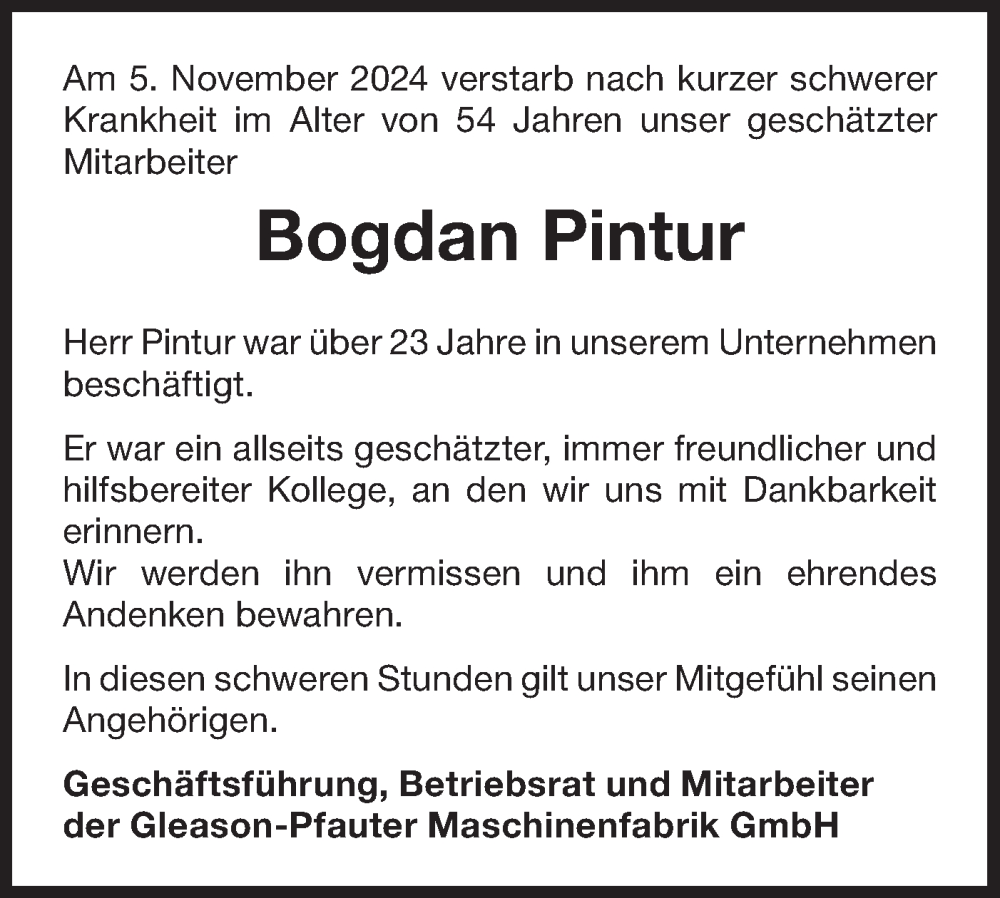 Traueranzeige für Bogdan Pintur vom 23.11.2024 aus Bietigheimer Zeitung