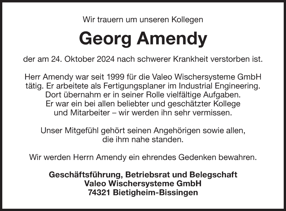  Traueranzeige für Georg Amendy vom 06.11.2024 aus Bietigheimer Zeitung